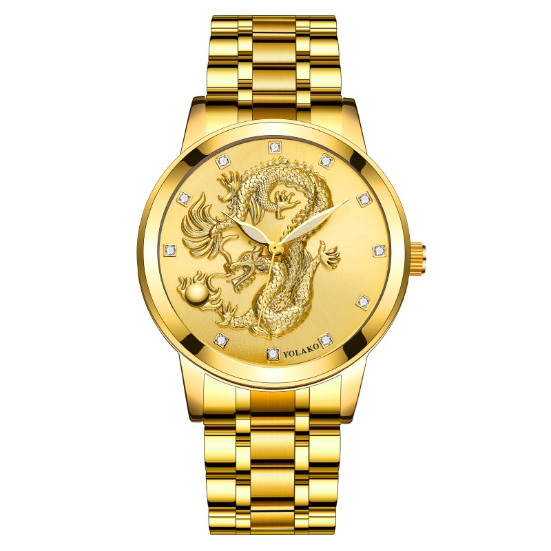 Men's Quartz Watch Men's Watch Diamond Yellow Gold Luminous Waterproof Steel Belt Relief Dragon Totem Watch_autovado.com