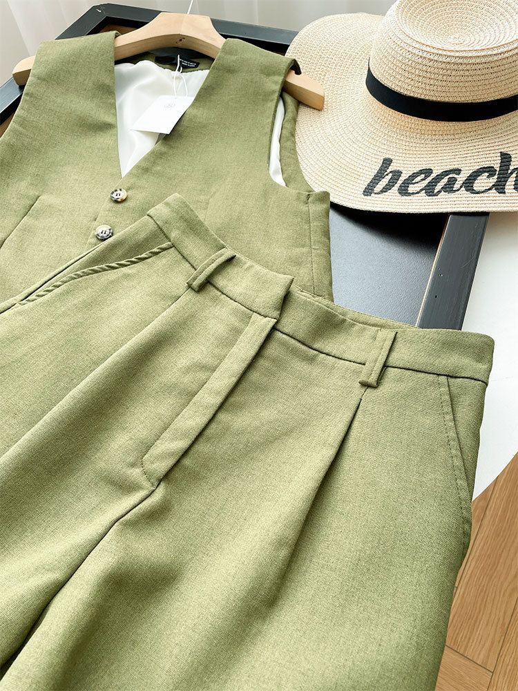 Women's Clothing Sleeveless V-neck Sleeveless Button Suit Short Vest Shorts Suit _autovado.com