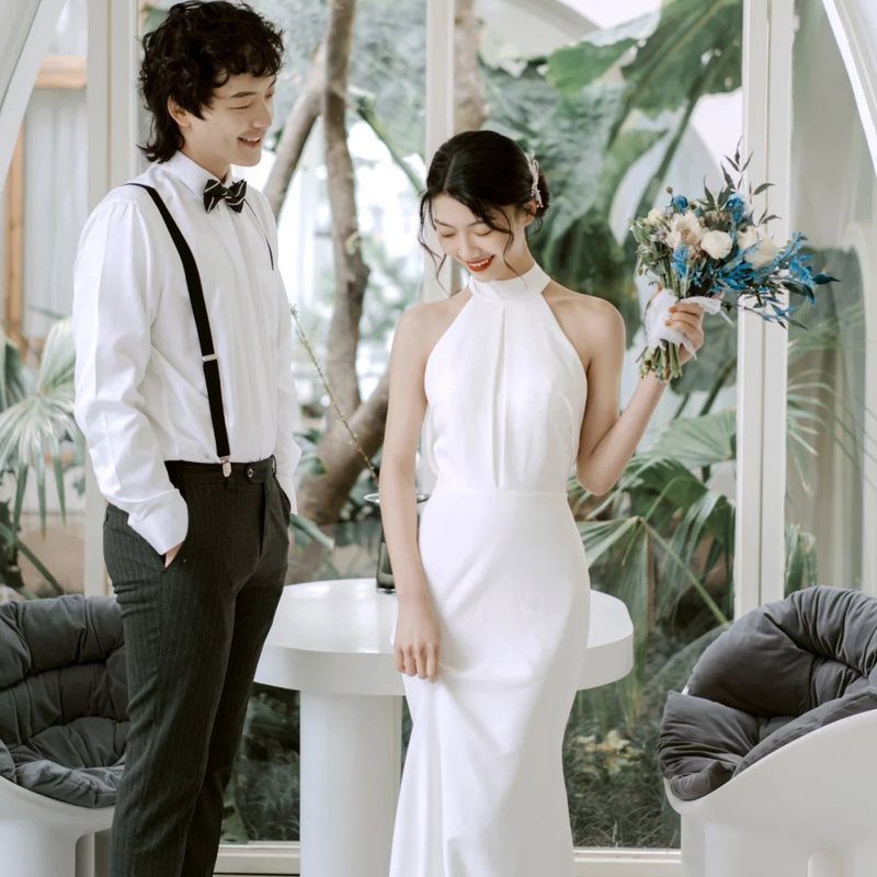 women's wedding dress simple temperament, satin halter neck dress, super fairy travel photo, door veil, celebrity banquet evening dress_autovado.com