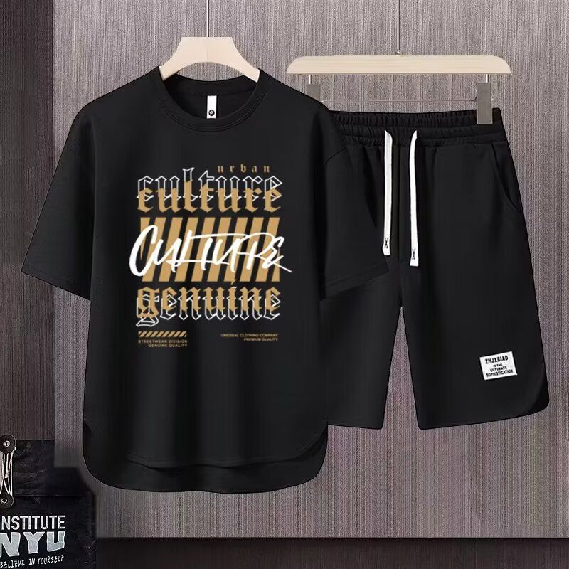 Men's Clothing 2024 Waffle Casual Summer Suit Men's Loose Teen Short sleeved T shirt Shorts Handsome Two piece Suit_autovado.com