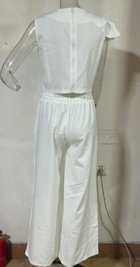 Women's Fashion Solid Color Single Room Petal Sleeve High Waist Temperament Pants Suit For Women_autovado.com