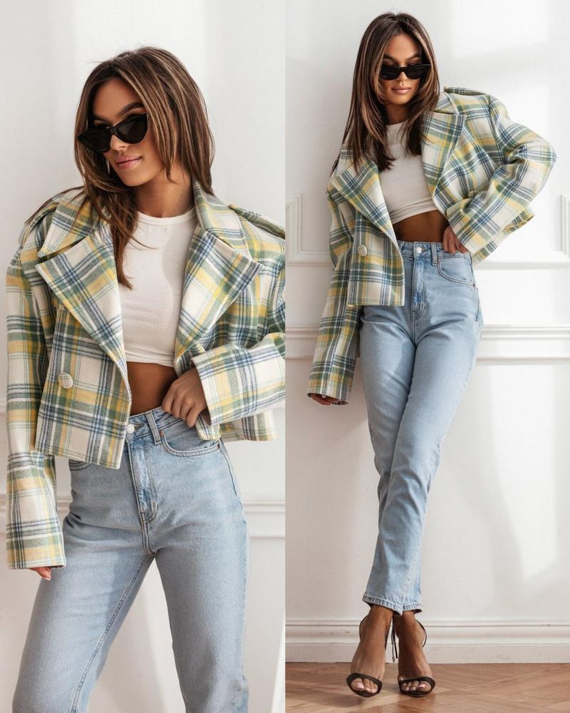 Women's Clothing New 2024 Fashion Suit Collar Plaid Printed Wool Coat_autovado.com