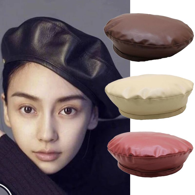 Hot Sale Vintage Women Solid PU Leather Beret French Artist Warm Beanie High Fashion Winter Ski Cap Lady All-Match Hat_autovado.com
