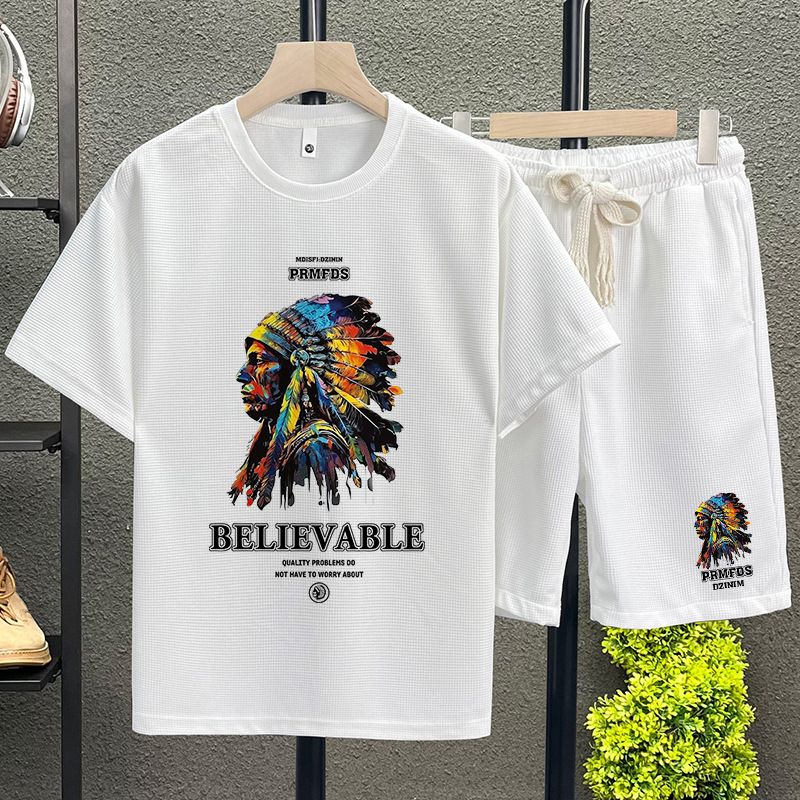 Men's Clothing waffle polo shirt short sleeved T shirt set summer loose clothes tops and pants suits for men_autovado.com