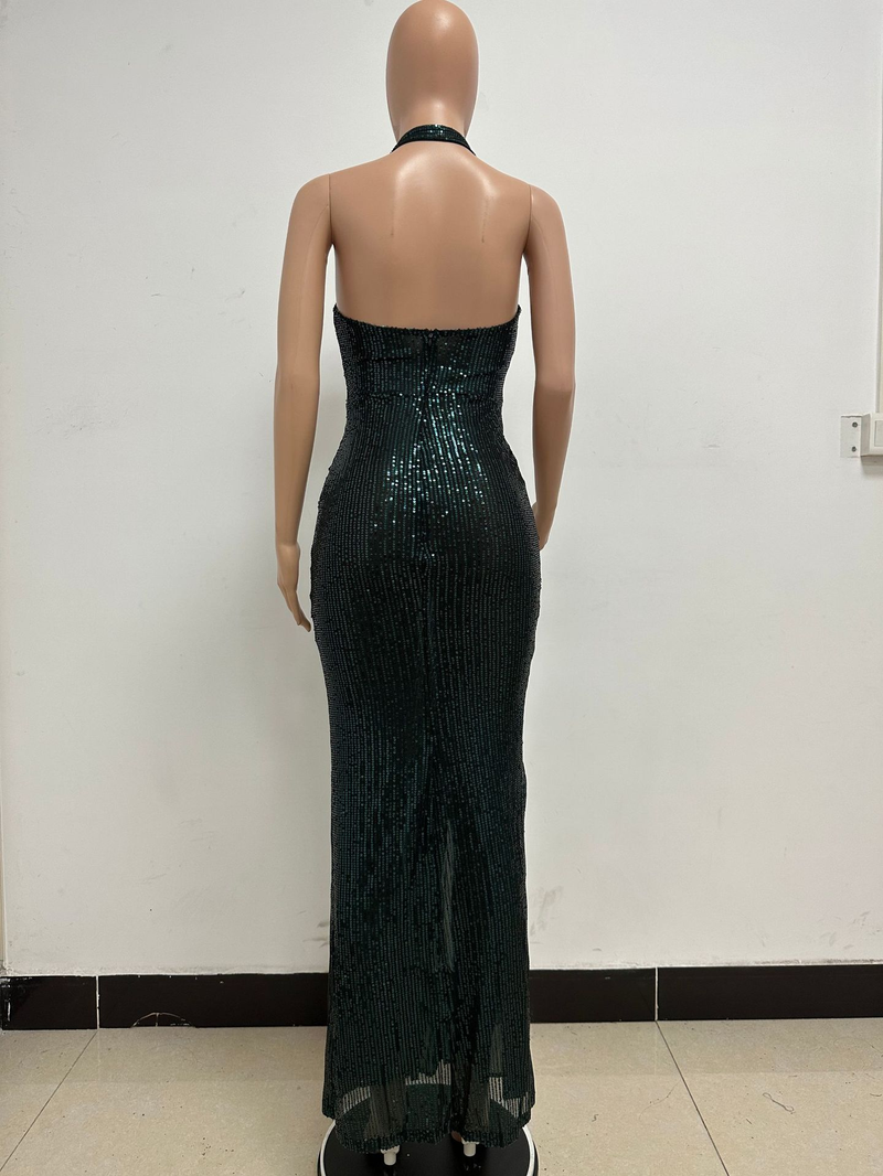 Women's slit sleeveless hot girl dress female halter neck backless sequin dress skirt_autovado.com