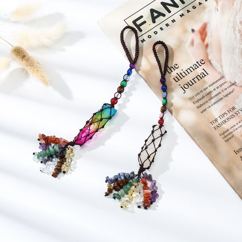 Natural Colorful Stone Car Hanging Crystal Gravel Tassel Dream Net Woven Pendant Car Indoor Yoga Ornaments_autovado.com