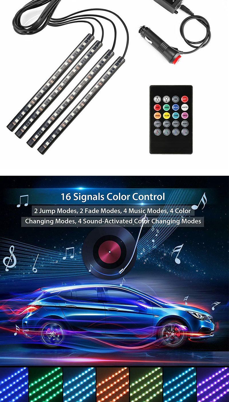 Car LED 12 Lights Colorful Sound Drag Four 48SMD Music With Remote Control USB Foot Atmosphere Light RGB_autovado.com