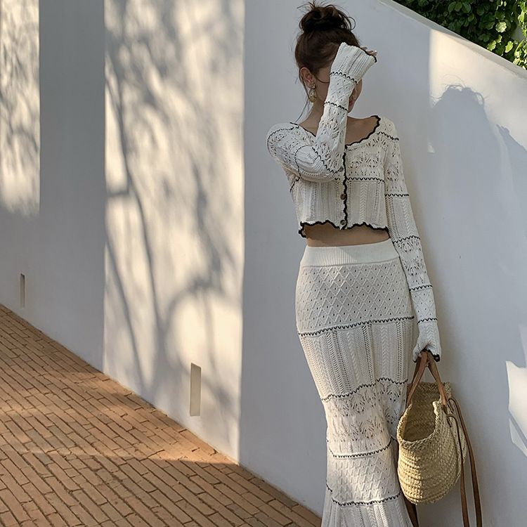 Women's Clothing hollow knitted top skirt two piece suit fashionable and age reducing temperament early spring wear a complete set_autovado.com