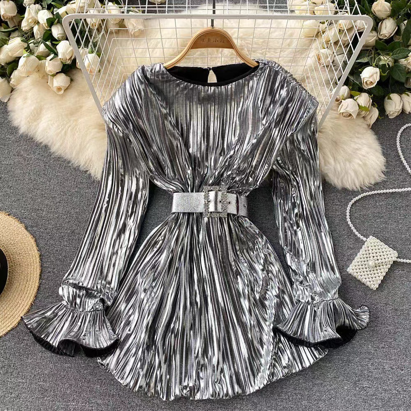 Women's round neck pleated stitching glossy waist style short dress_autovado.com