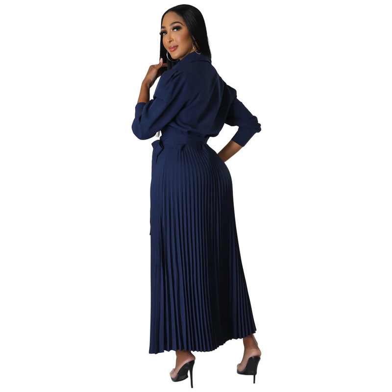 Long sleeved Polo collar high waist fashion casual pleated women's dress_autovado.com