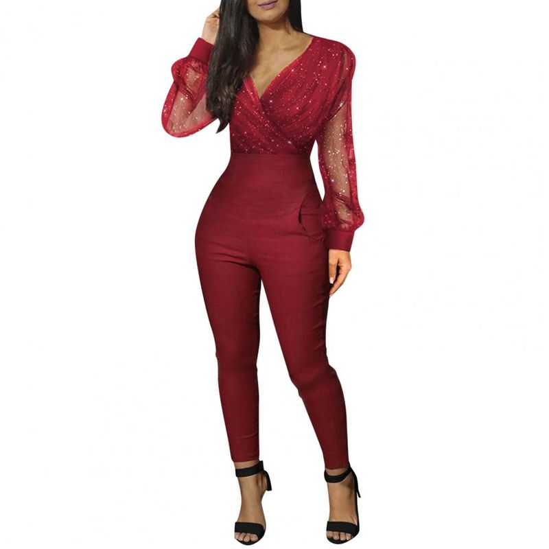 Women's Clothing new solid color V neck mesh slim long sleeved jumpsuit trousers large stock_autovado.com