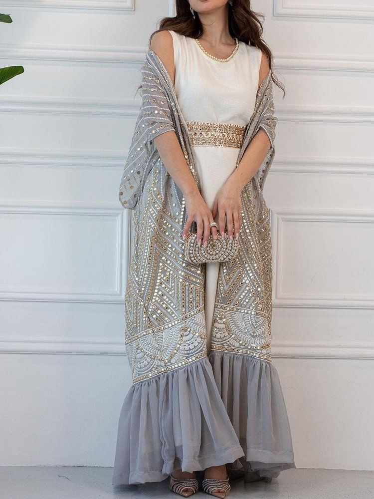 Women's printing fashionable urban casual bat-sleeve pleated vest printed with belt two-piece set_autovado.com