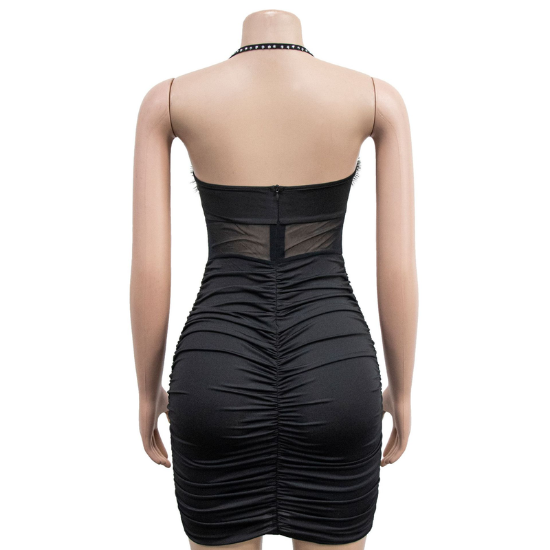 Women's solid color feather tube top sleeveless short skirt dress_autovado.com