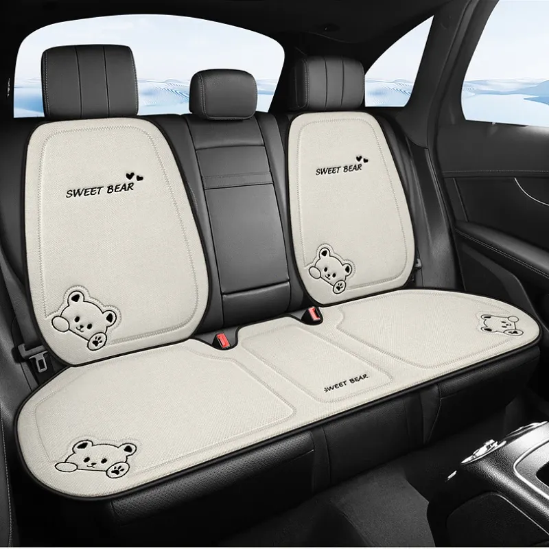 Fashion Linen Cartoon Bear Women's Cute Anti-slip Breathable Car Seat Protect Cushion Cover Universal_autovado.com
