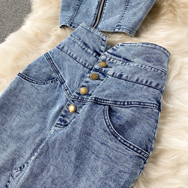 Women Sexy short camisole vest high waisted denim skirt_autovado.com