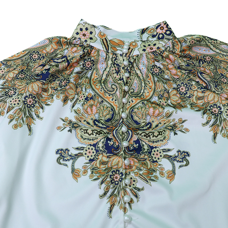 Women's printed long-sleeved blouse and shorts set two-piece_autovado.com