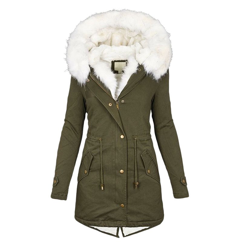 Women's Clothing Women's Autumn And Winter Mid Length Windbreaker White Fur Collar Hooded Warm Plus Velvet Women's Coat_autovado.com
