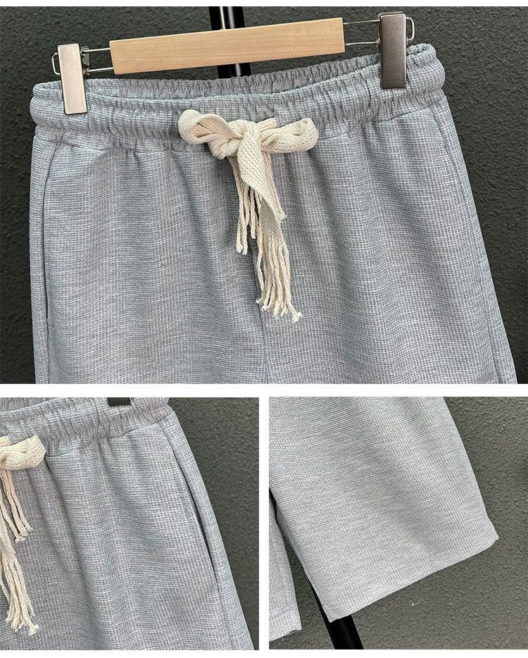 Men's Clothing waffle polo shirt short sleeved T shirt set summer loose clothes tops and pants suits for men_autovado.com