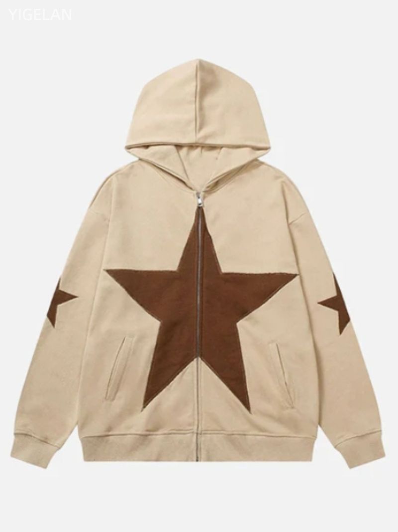 Street oversized loose fitting women's pentagonal star patch embroidered printed hoodie personality zipper sweater men's_autovado.com