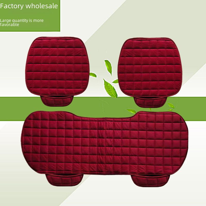 Winter car seat cushion no backrest square embroidered plush tie-free warm three-piece front and rear row single seat cushion_autovado.com