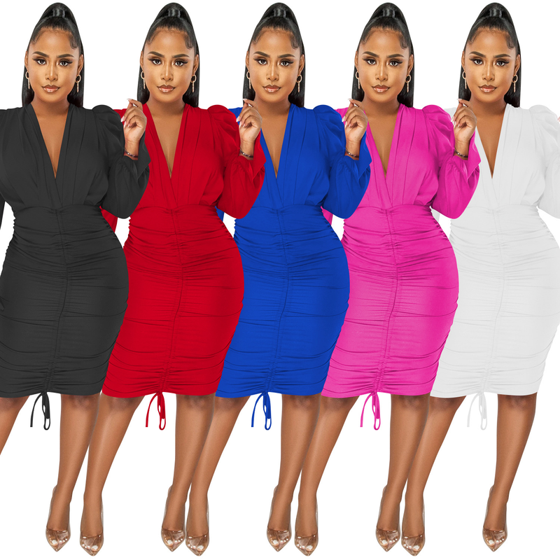 Women's Clothing fashion casual solid color long-sleeved pleated V-neck dress for women_autovado.com