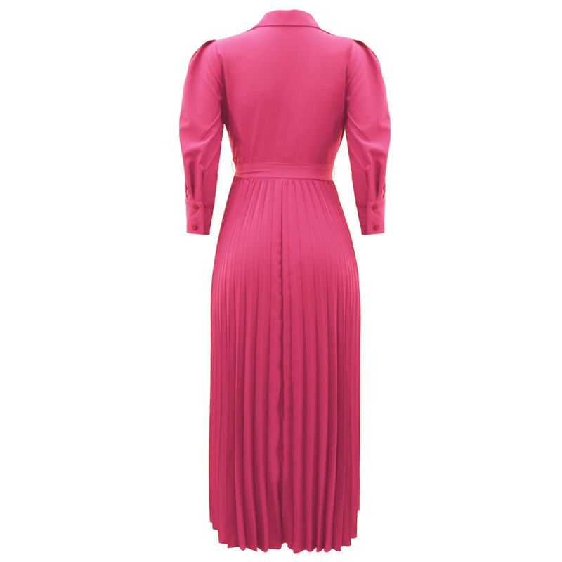 Long sleeved Polo collar high waist fashion casual pleated women's dress_autovado.com