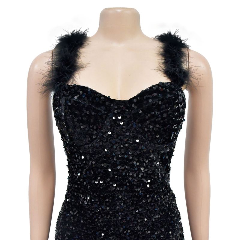 Women's solid color feather sequin sleeveless short skirt dress_autovado.com