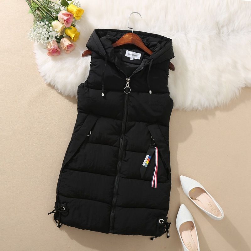 Down padded waistcoat for women autumn-winter sleeveless vest mid-length hooded vest_autovado.com