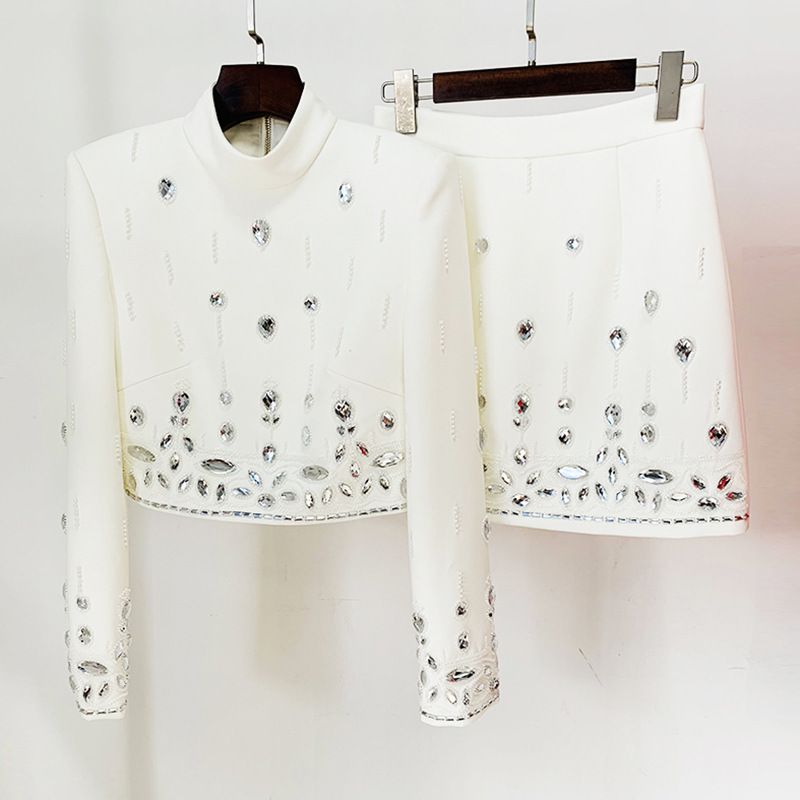 Women's Clothing celebrity fashion new heavy beaded diamond short top skirt suit two piece suit_autovado.com