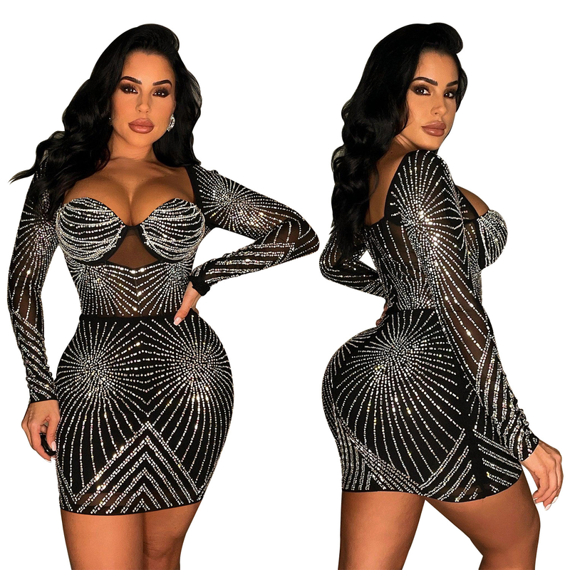 Women's solid color mesh rhinestone long-sleeved short skirt dress_autovado.com