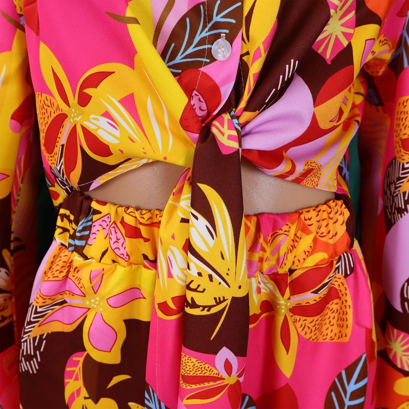 Women's Fashion Print Two-piece Suit Lapel Tie Shirt Wide Leg Pants Suit_autovado.com