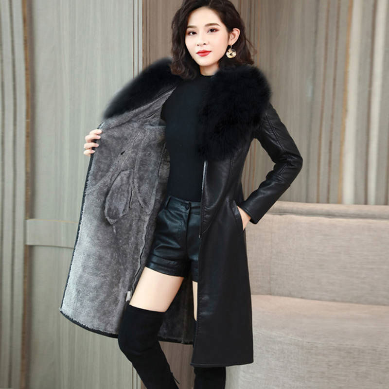 Women's large fur collar winter fur coat women plus fleece thickened medium long_autovado.com