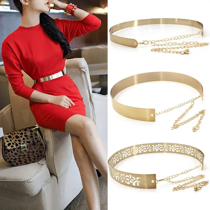HOT New Women Adjustable Metal Designer Belt Fashion Ladies Dress Bling Gold Sier Mirror Vintage Waistband with Waist Chain_autovado.com