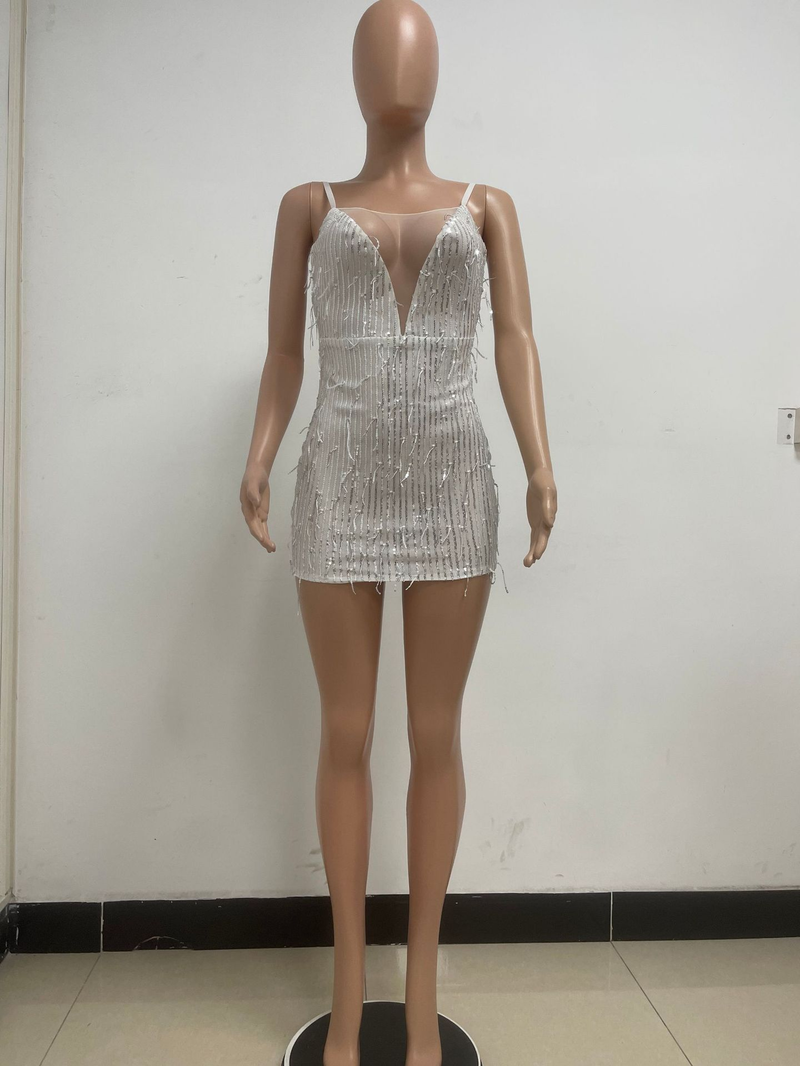 Women's deep V sleeveless hot girl hip-hugging dress mesh sequined tassel suspender skirt_autovado.com