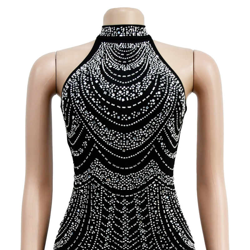 Women's Solid Color Hot Diamond Sleeveless Halter Neck Short Skirt Dress For Women_autovado.com