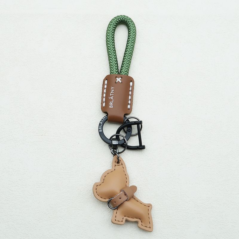 Handmade Genuine Leather Puppy Keychain Anti Lost Lanyard Pendant French Fighting Dog Car Keychain Braided Rope Keychain_autovado.com