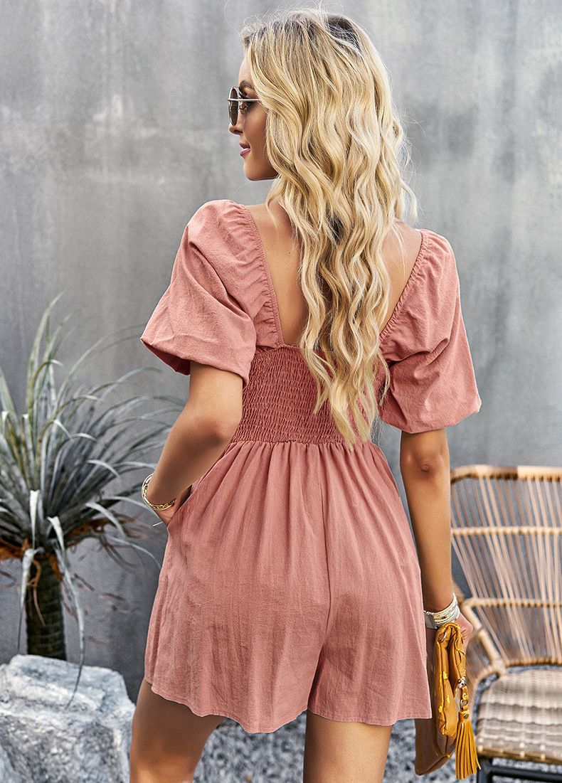 Women's Clothing Solid Color Jumpsuit Collar Jumpsuit Shorts_autovado.com