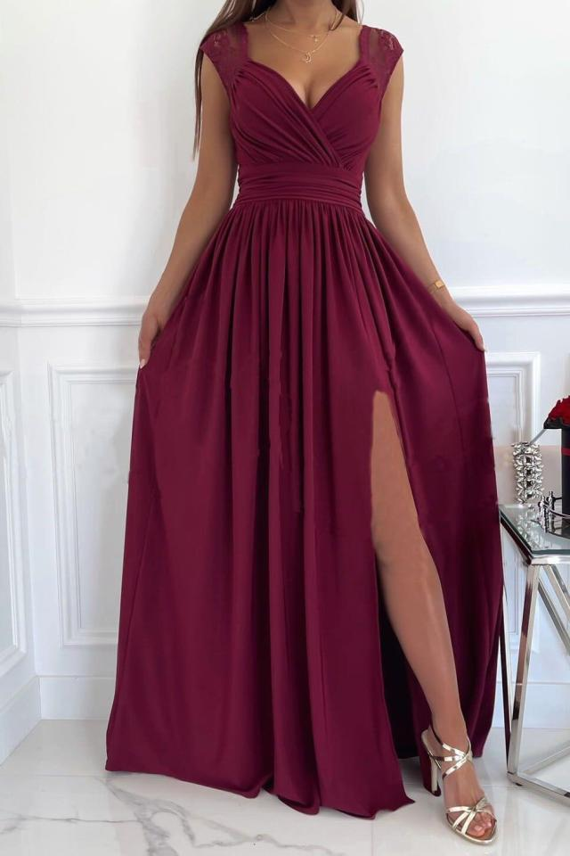 Women's Christmas Sleeveless Lace Halter Dress With A Slit_autovado.com