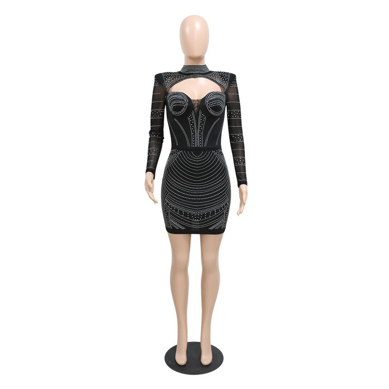 Women's Clothing round neck long-sleeved dress with hollow design on the chest and rhinestone hip party dress_autovado.com