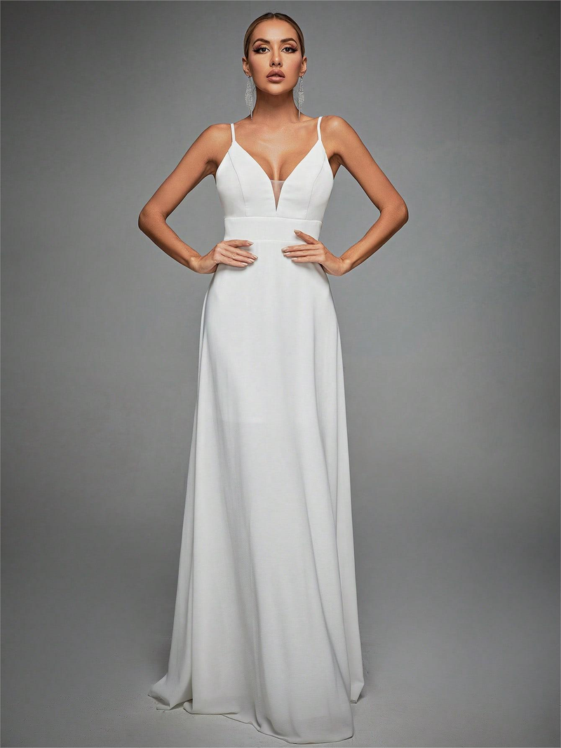 V-neck strappy lace backless evening gown prom dress party dress bridesmaid dress_autovado.com