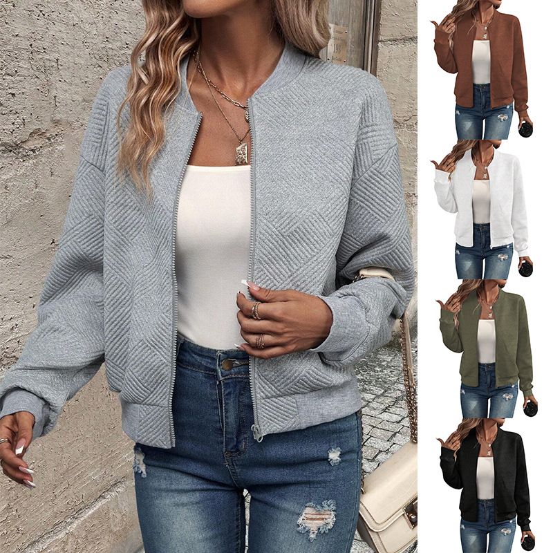 Women's Clothing new solid color zipper jacket baseball collar casual jacket_autovado.com