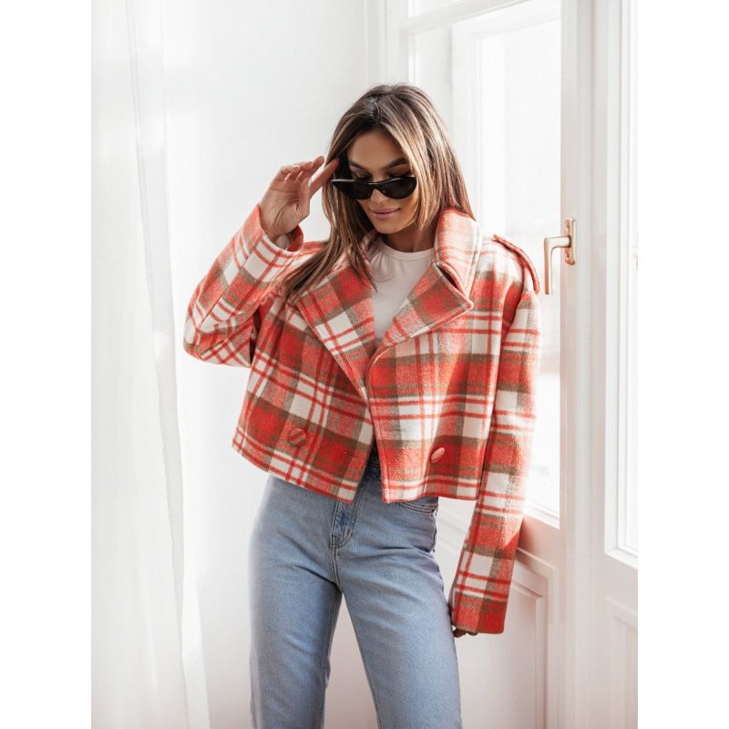 Women's Clothing New 2024 Fashion Suit Collar Plaid Printed Wool Coat_autovado.com