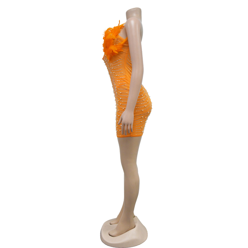 Women's Solid Color Mesh Rhinestone Feather Skirt Dress_autovado.com
