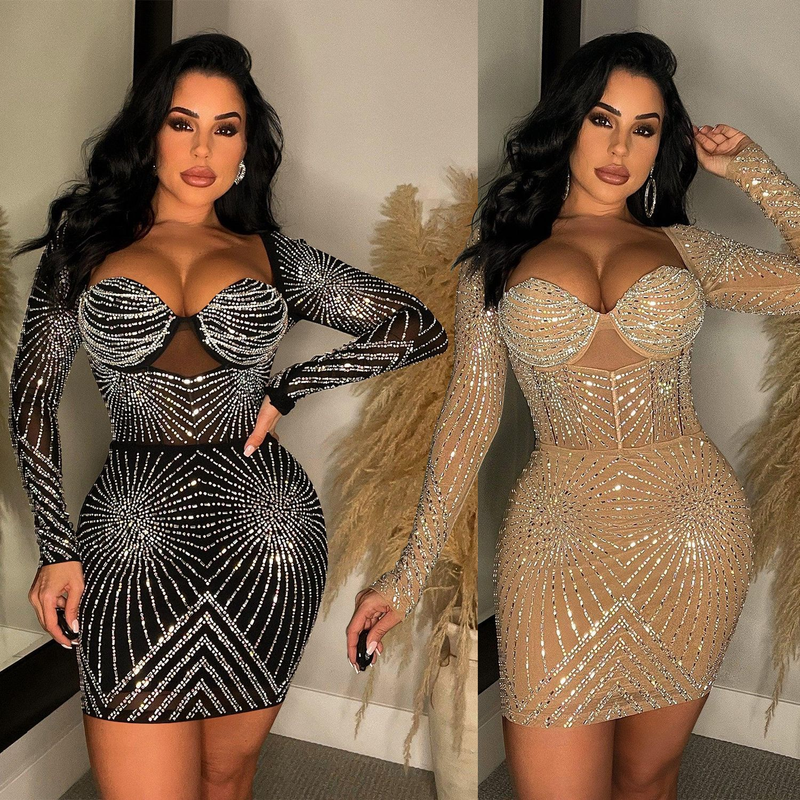 Women's solid color mesh rhinestone long-sleeved short skirt dress_autovado.com