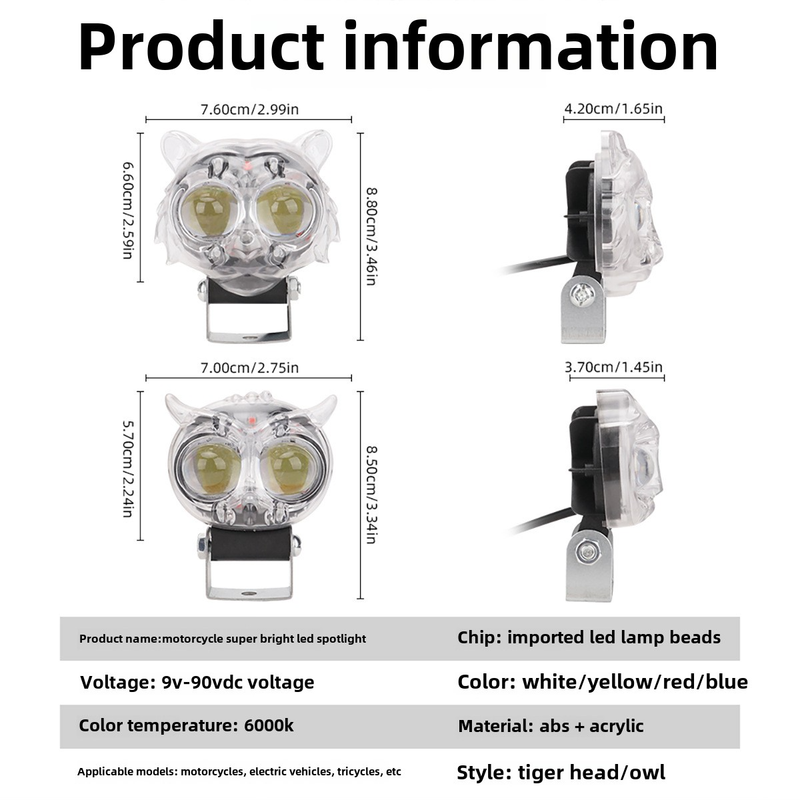 Motorcycle LED Rainbow Owl Tiger Style Spotlight Electric Vehicle Modified Front Headlight_autovado.com