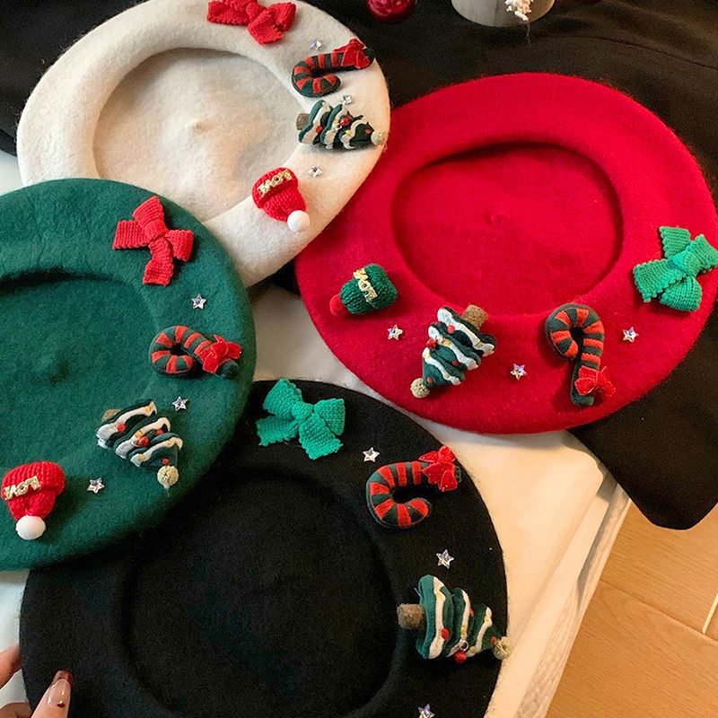 Hot Sale Christmas Wool Beret Cap Vintage Female Winter Warm Red Green Painter Hat For Women Xmas Party Dress Up Headwear New_autovado.com