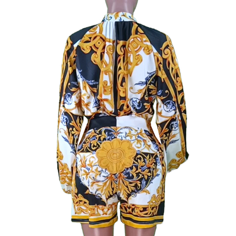 Women's printed long-sleeved blouse and shorts set two-piece_autovado.com