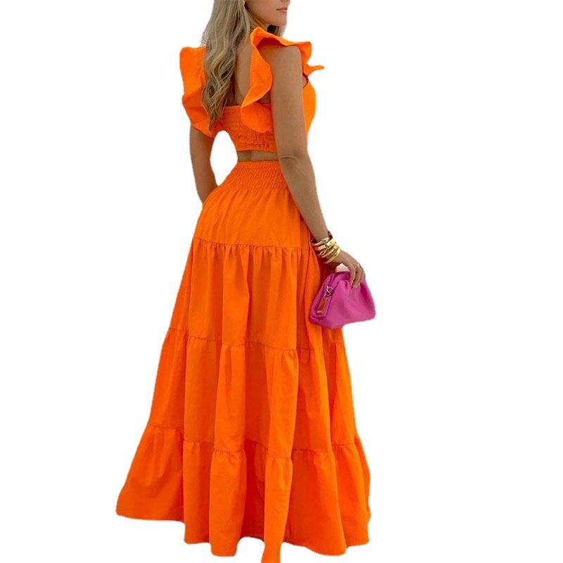 Women's Solid Color Mid-Waist Two Piece Set Sexy Strap Trendy Dress Spring/Summer Casual Ankle-Length Straight Skirt_autovado.com