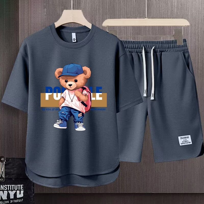 Men's Clothing 2024 Waffle Casual Summer Suit Men's Loose Teen Short sleeved T shirt Shorts Handsome Two piece Suit_autovado.com