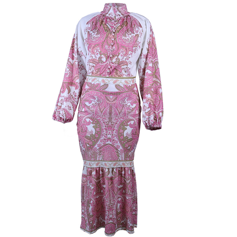 Women'S Autumn New Bohemian Printed Top Mid-Length Covered Arm Skirt Suit for Women_autovado.com
